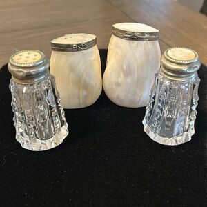 Antique vintage mother of pearl salt and pepper shakers 1 pr beautiful cut glass